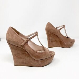 Miu Miu Open Toed T-Strap Tan Suede Wedge Heels Sz 38 (8)